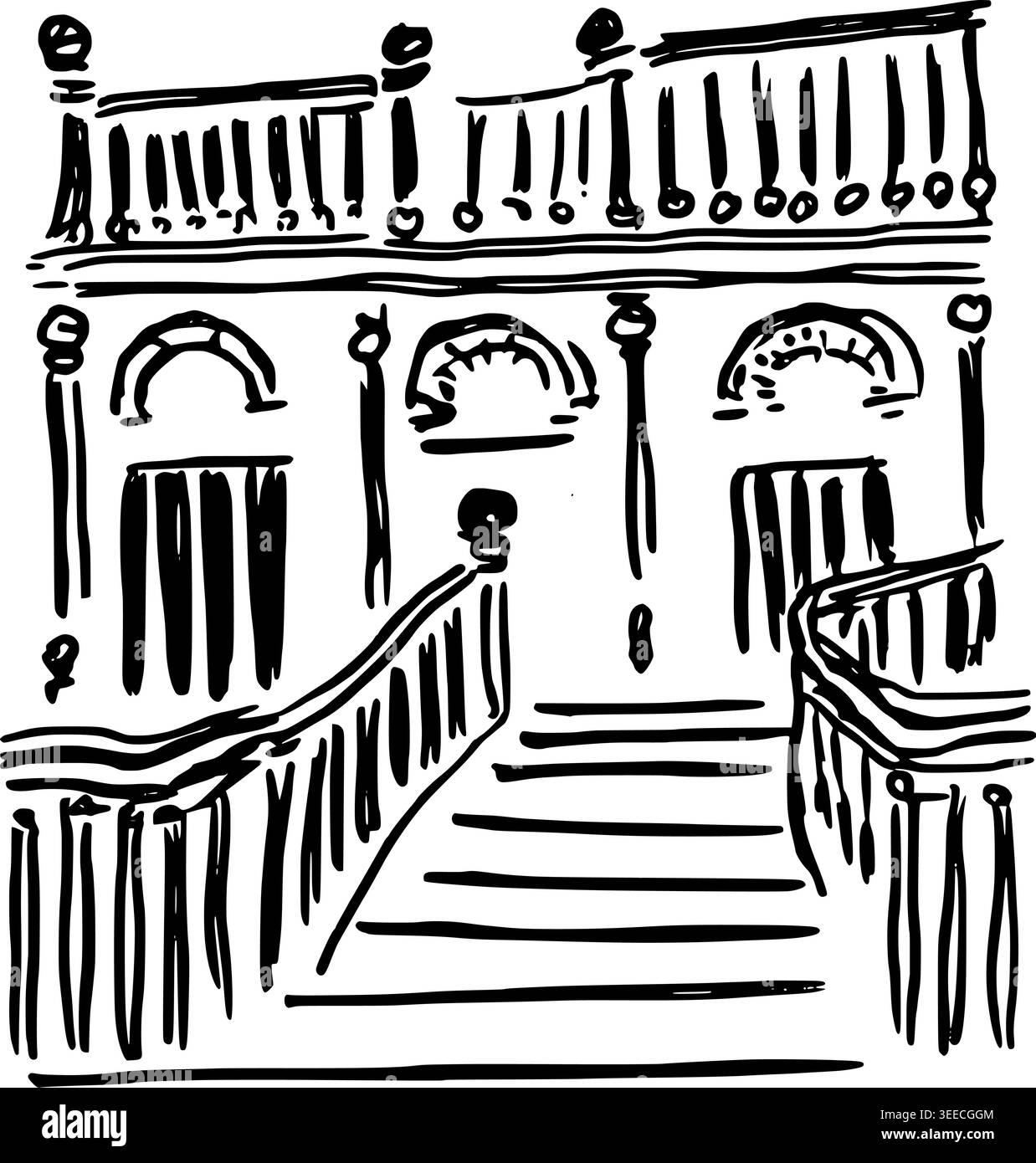 Hand Drawn Library Grand Staircase Vector Drawing Stock Vector