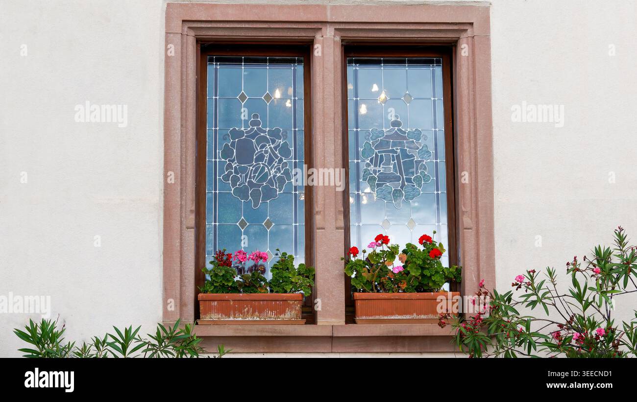 Traditional Leaded Glass Window with Geranium Flower Boxes and Stone ...