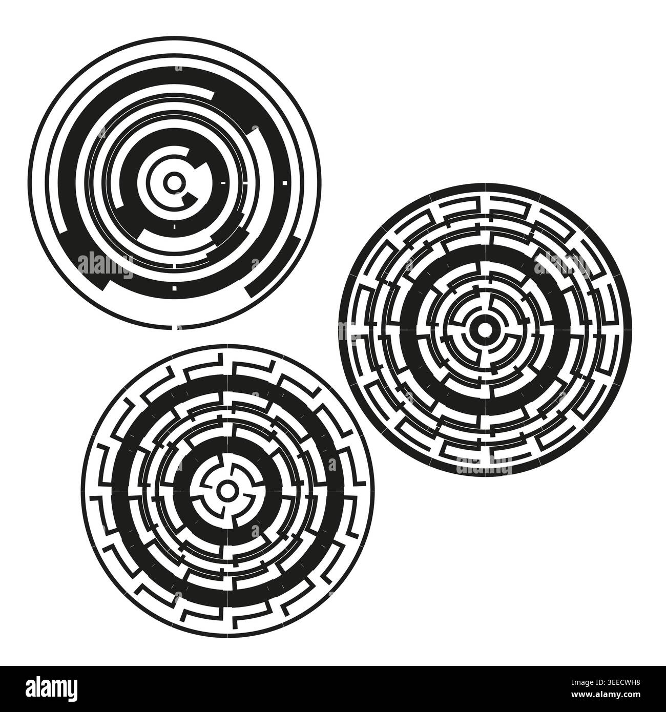 Circular HUD interface elements and technical maze patterns vector. These designs represent cybersecurity, data and innovation. EPS 10. Stock Vector