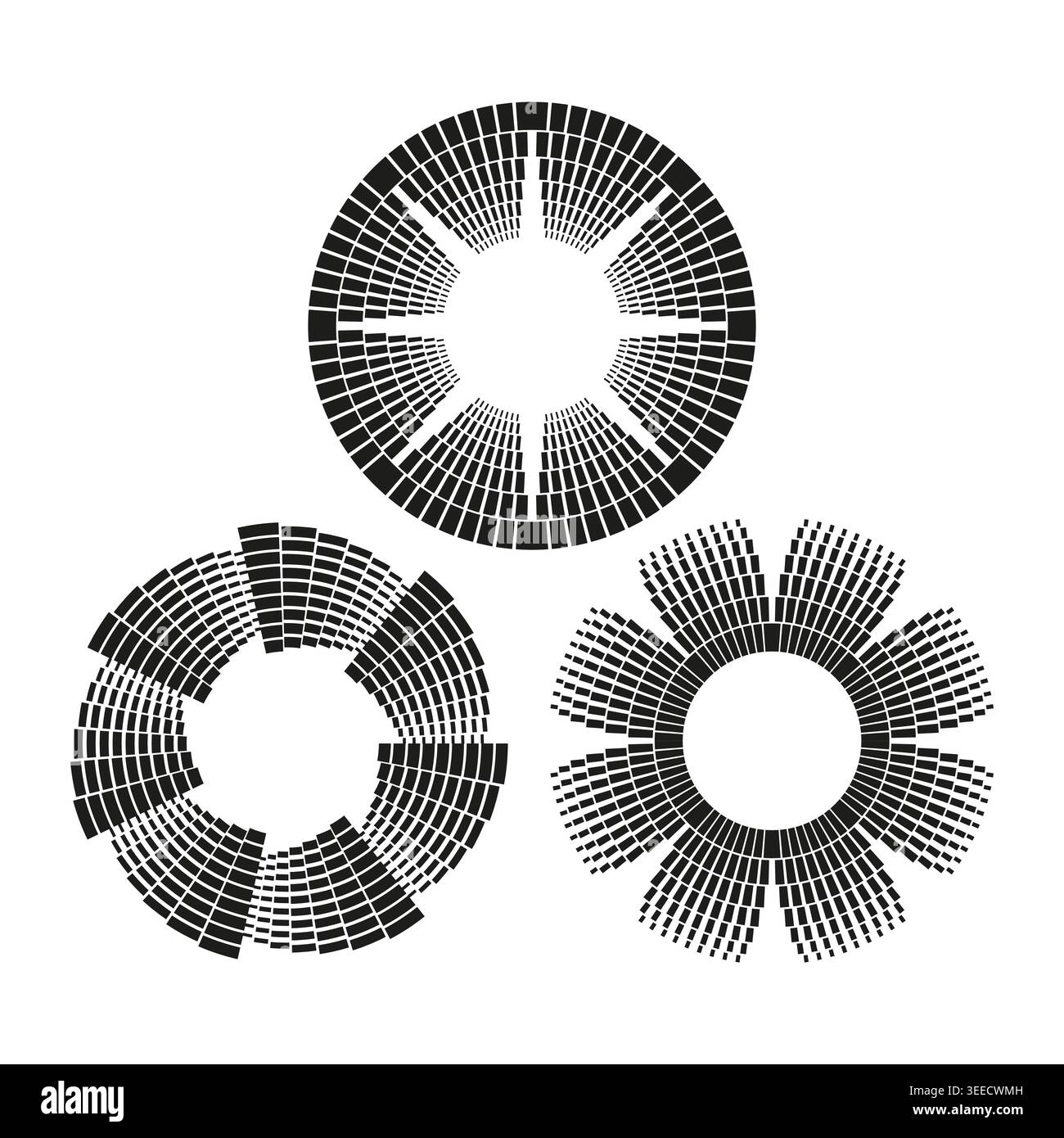 Circular audio spectrum and music equalizer bars vector set. Digital sound waves icons illustrate frequency levels in pro apps. EPS 10. Stock Vector