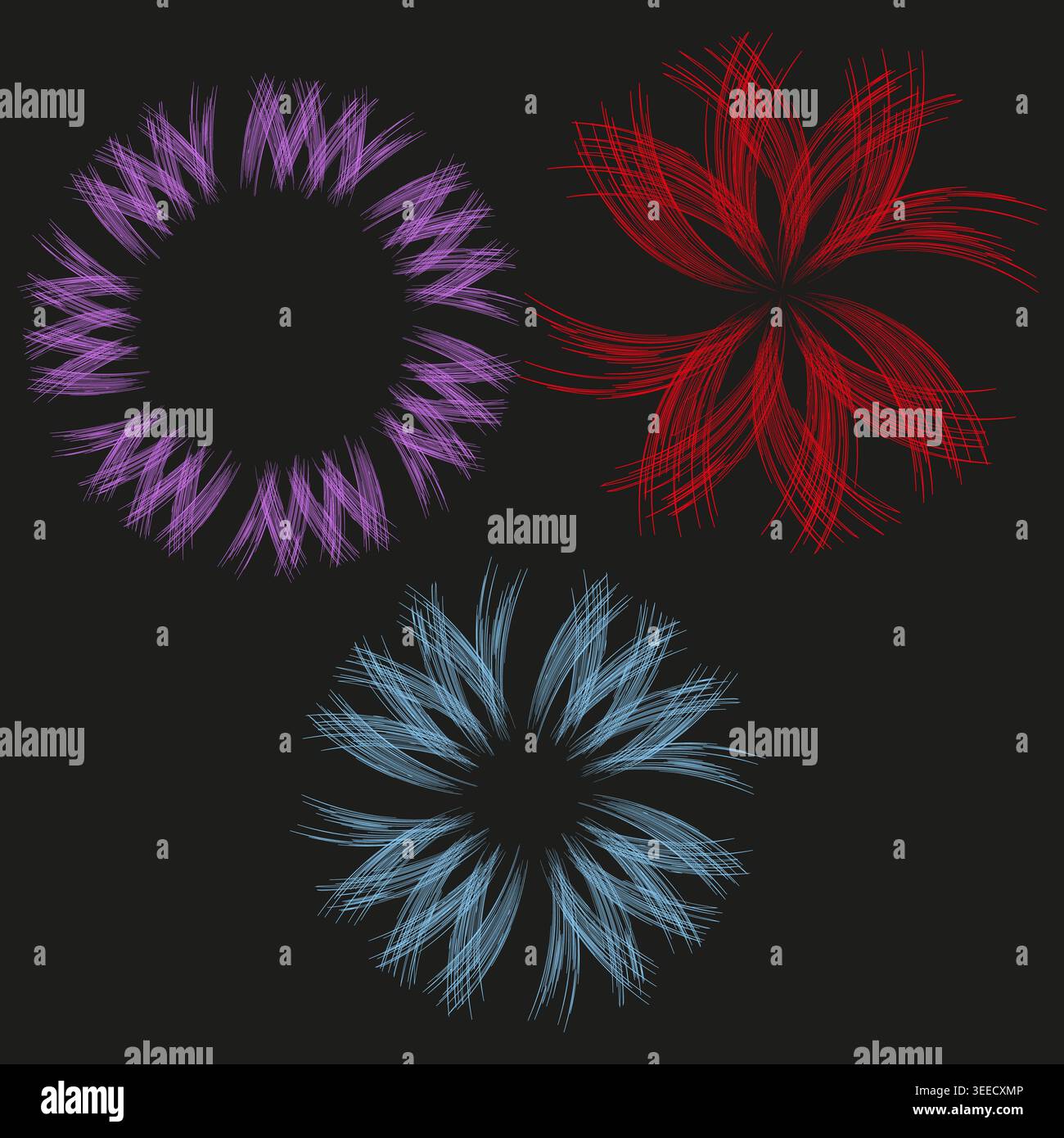 Abstract floral starburst elements with sketchy lines on dark background vector. These decorative sets serve as art patterns. EPS 10. Stock Vector