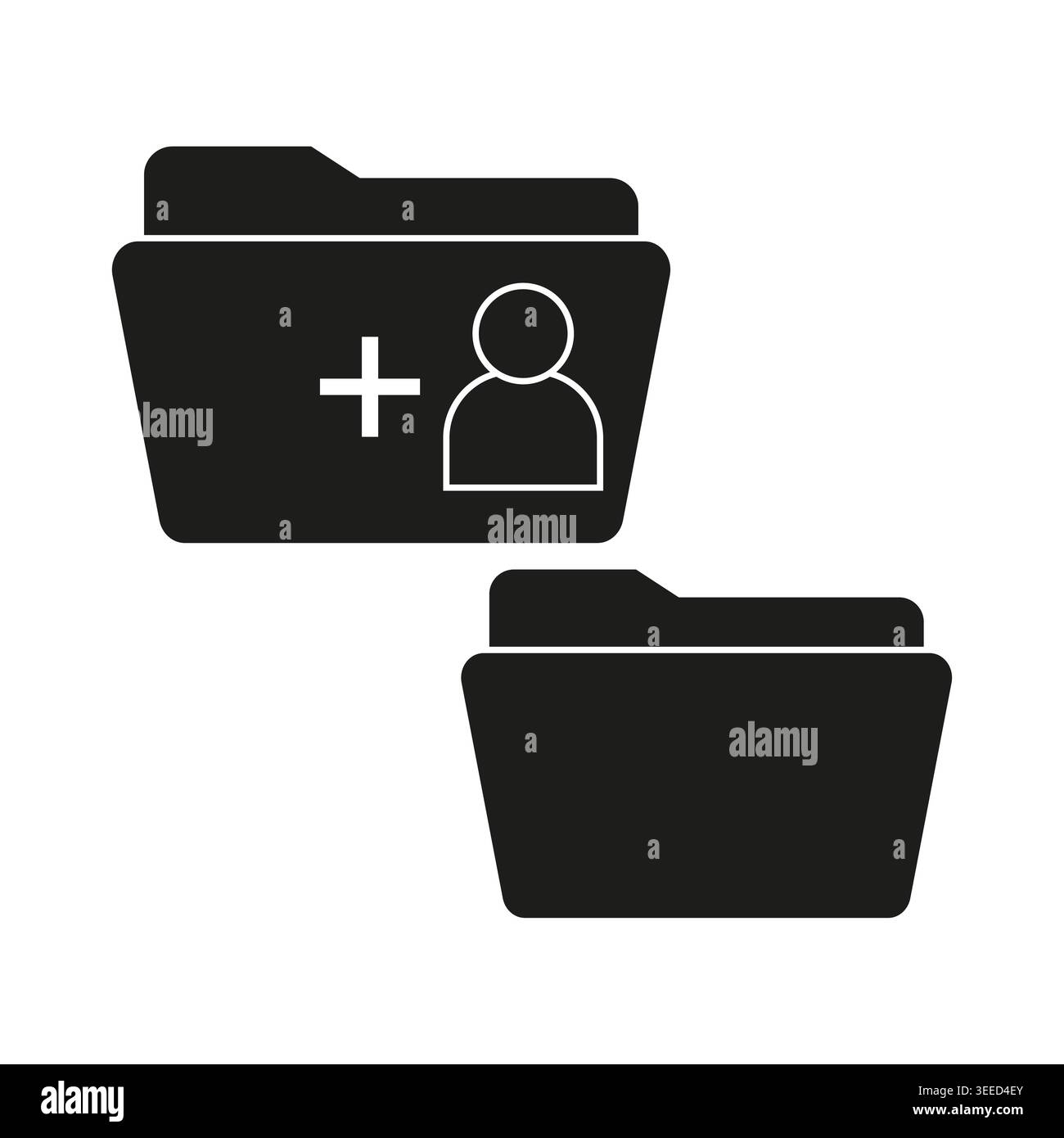 A modern minimal Vector icon set featuring a folder with an add user symbol, representing data management and sharing concepts for digital interfaces. Stock Vector
