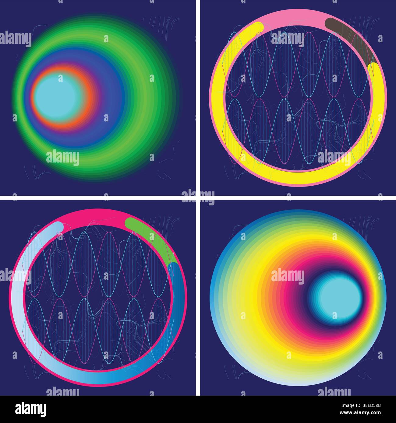 Vibrant circular gradient patterns on dark blue background Stock Vector
