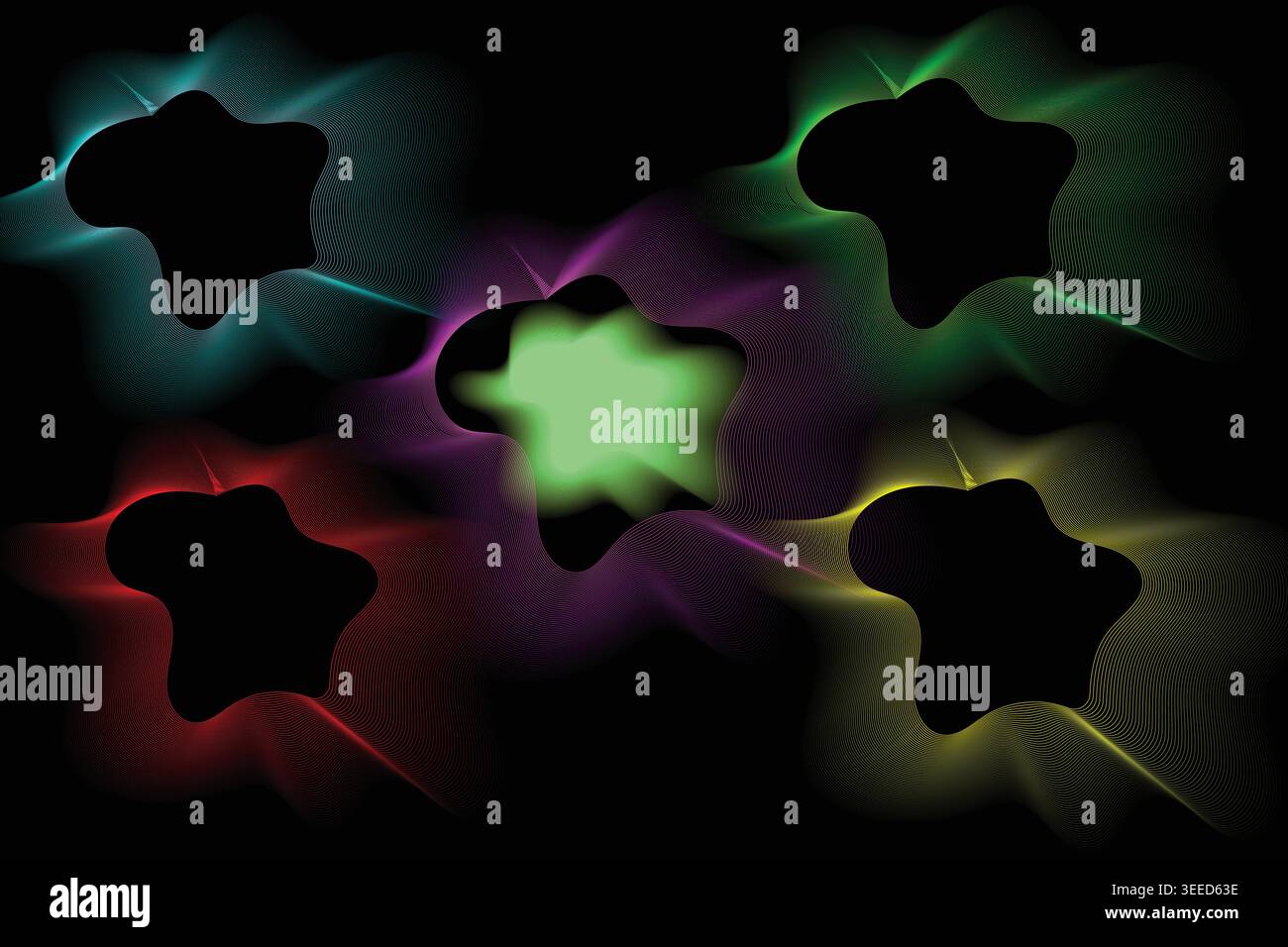 Vibrant multicolored star pattern with wavy lines on black background Stock Vector