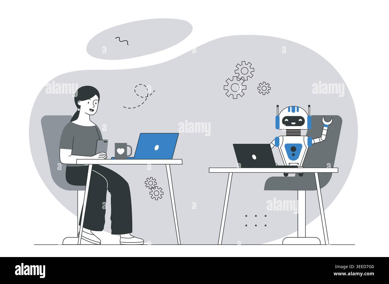 Human and robot at desks. Vector illustration Stock Vector
