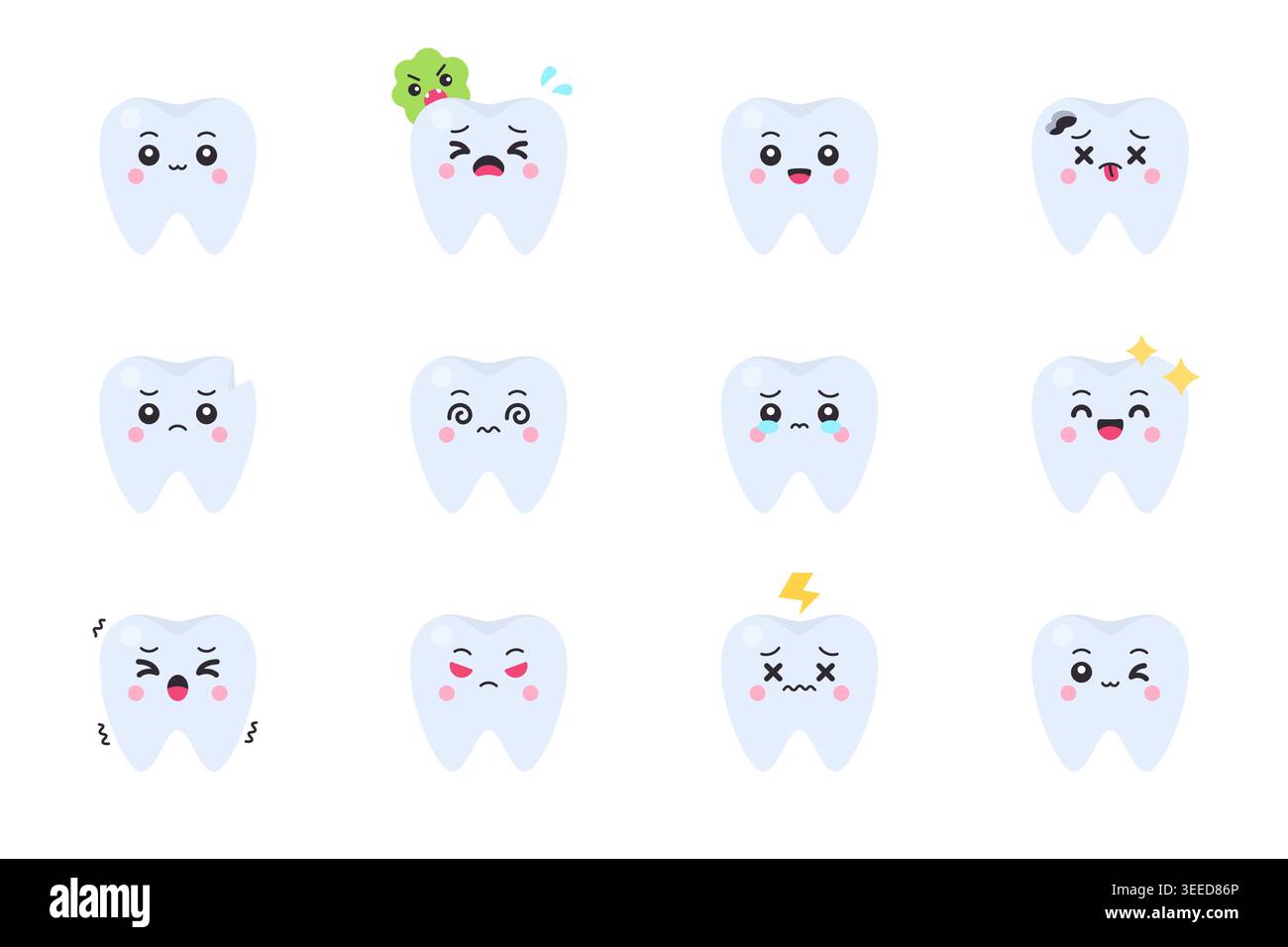 Set of cute cartoon tooth characters with various facial expressions on ...