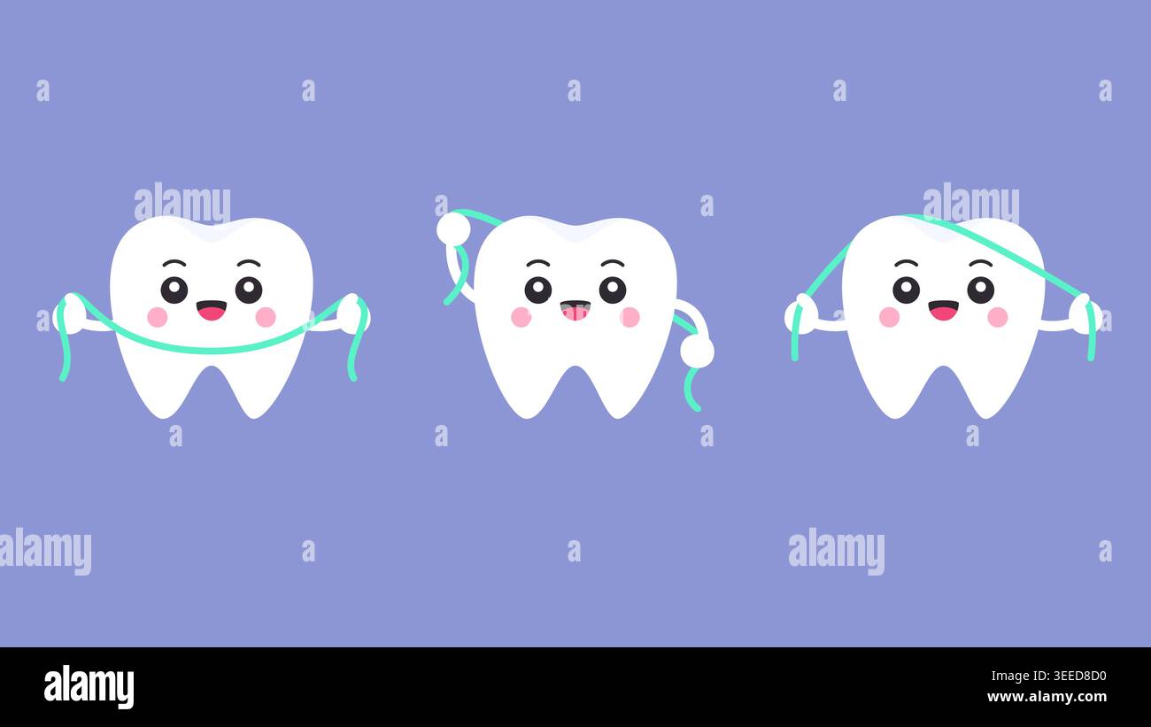 Flat cartoon white tooth characters using dental floss on purple ...