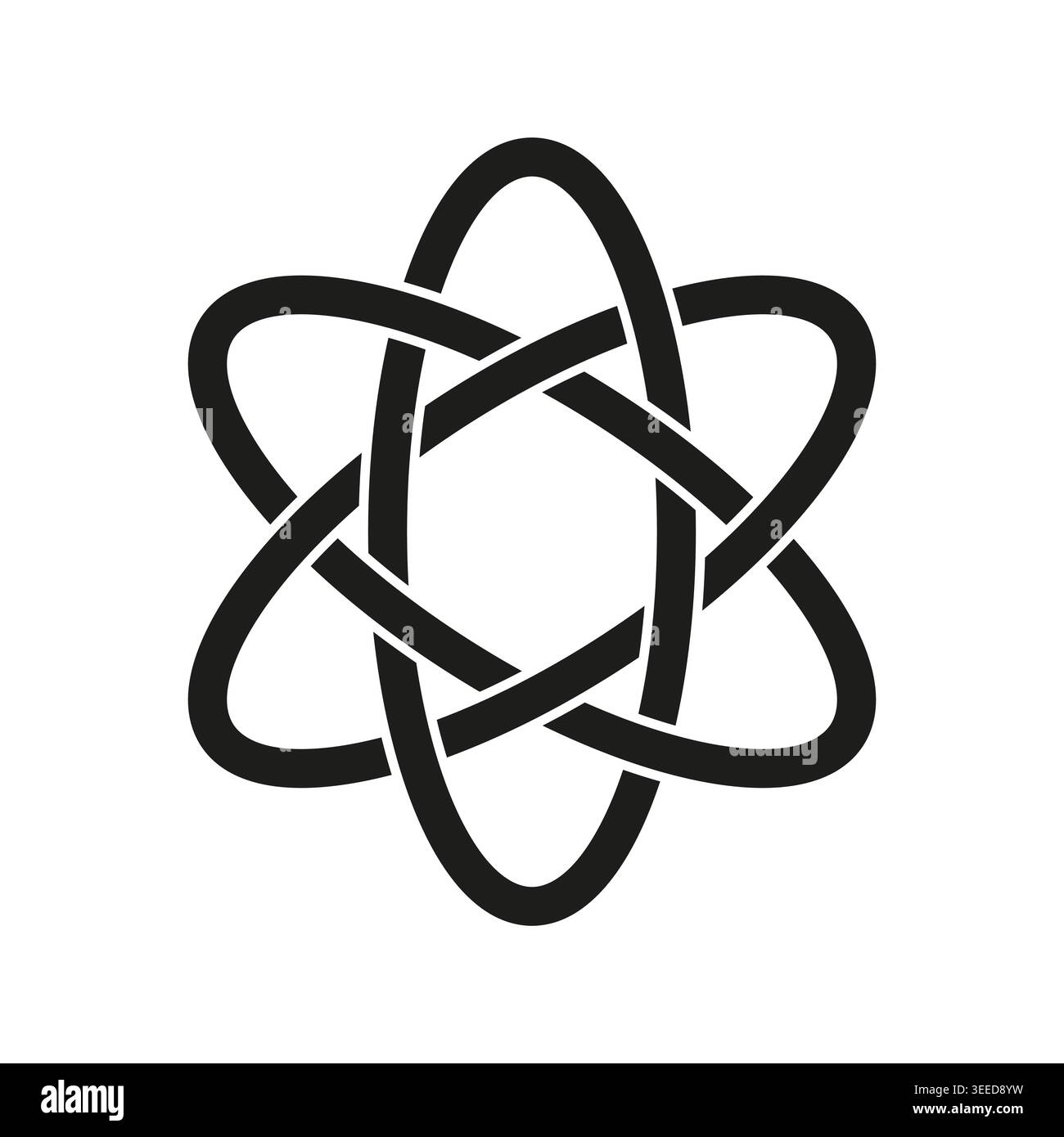 A complex black Vector knot, resembling an abstract atom or interconnected network, features six elegantly interwoven loops. EPS 10. Stock Vector