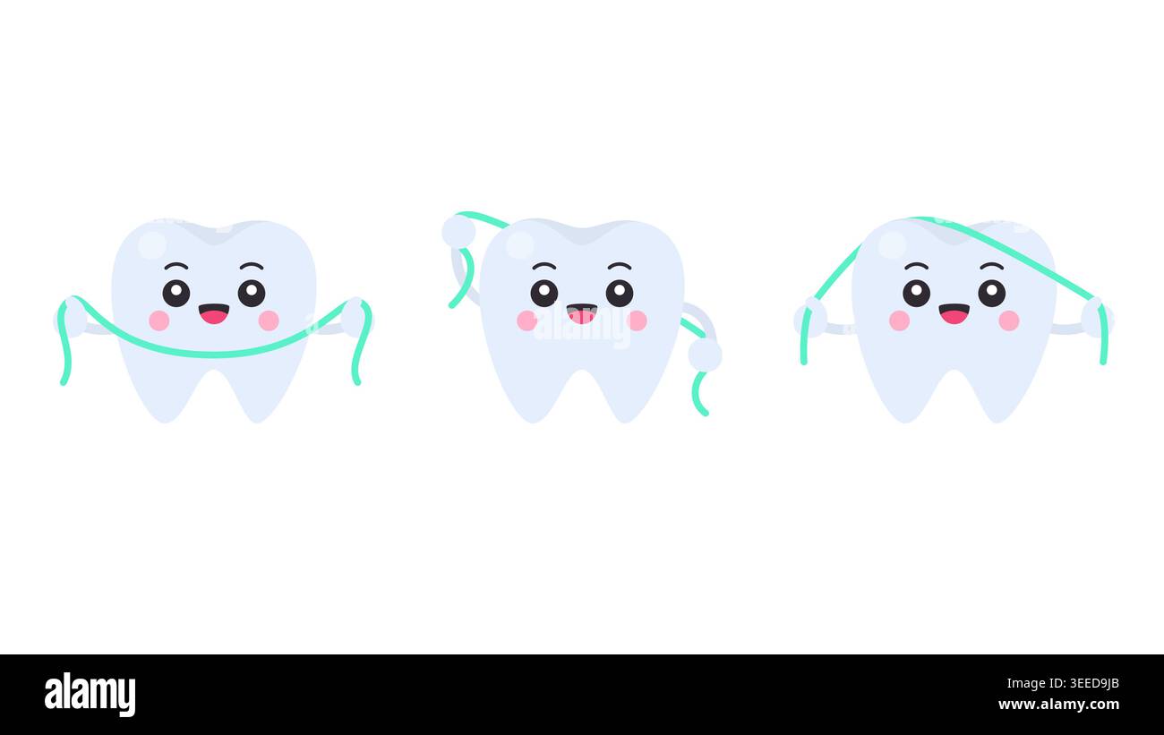Shaded cartoon tooth characters using dental floss on white background ...