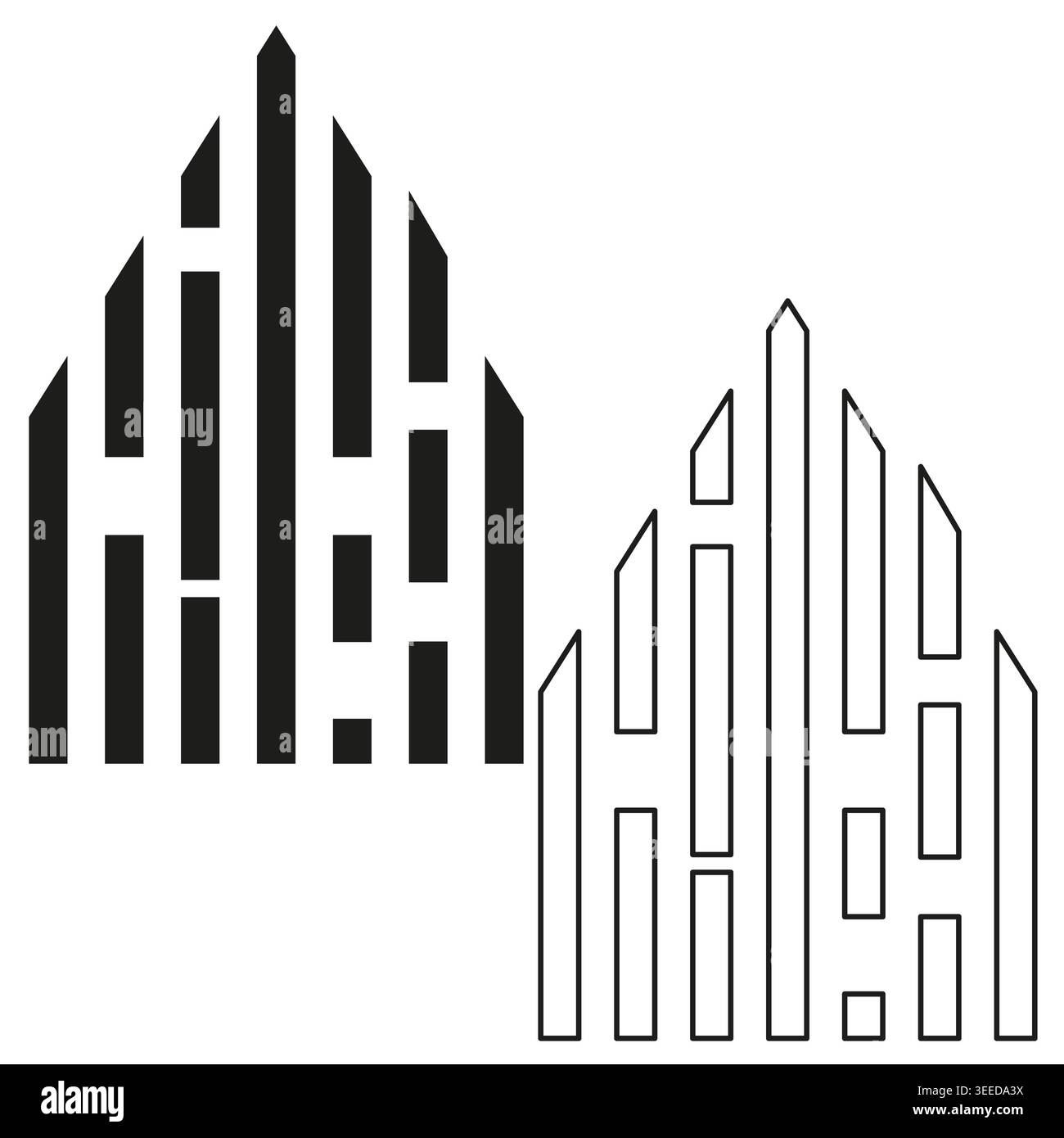 A conceptual Vector graphic depicting a modern, abstract building or data structure, utilizing a dynamic pattern of solid and outlined bars. EPS 10. Stock Vector