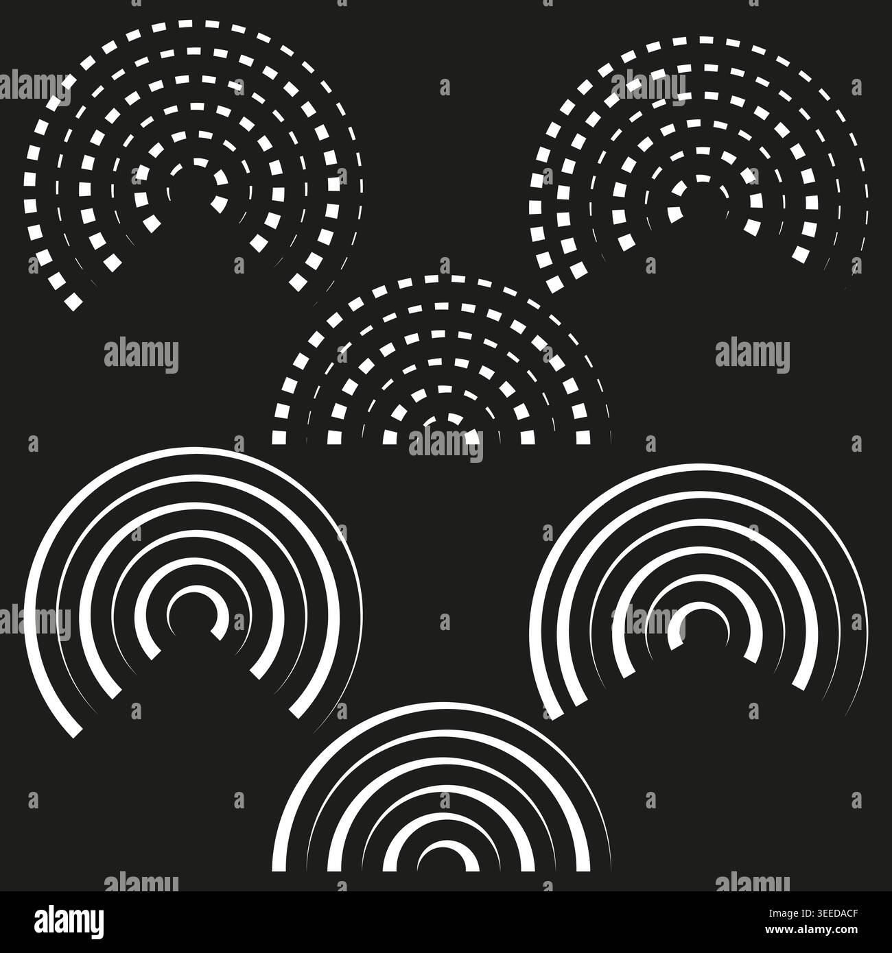A Vector collection of radiating semi circular dashed and solid line patterns creating a dynamic abstract design. EPS 10. Stock Vector