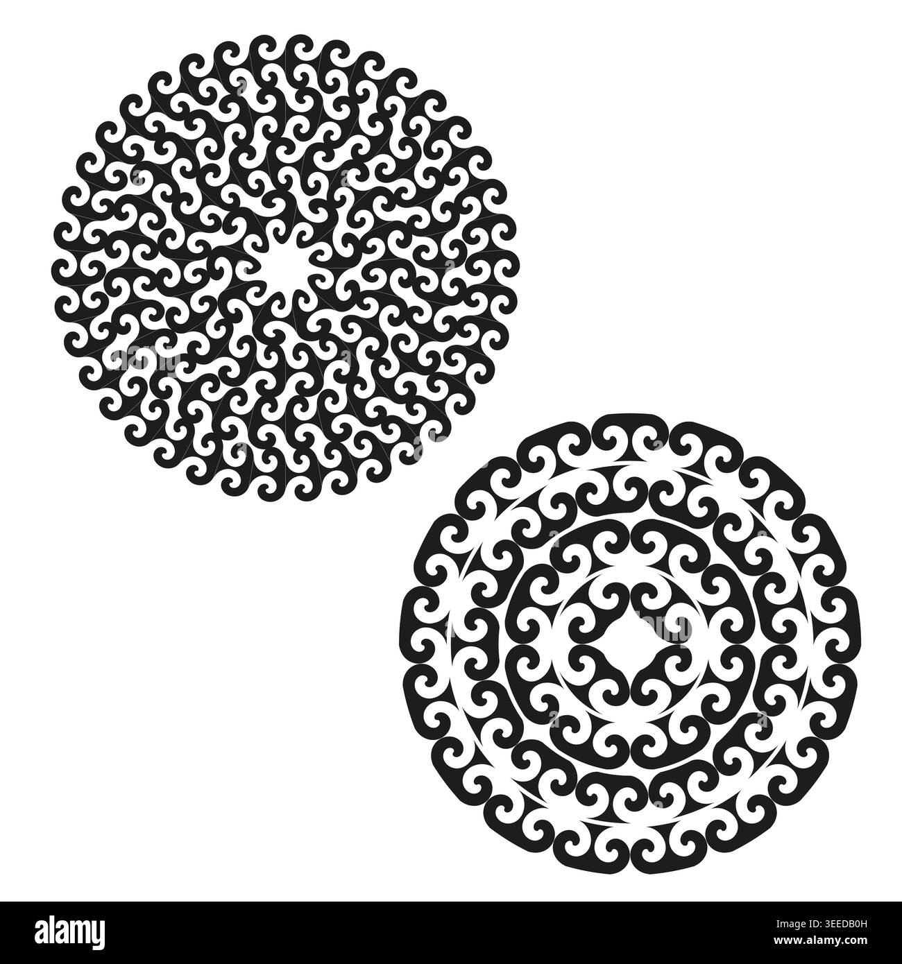 An elegant Vector set of intricate black and white circular patterns, featuring repeating organic scroll motifs and abstract decorative elements. EPS Stock Vector