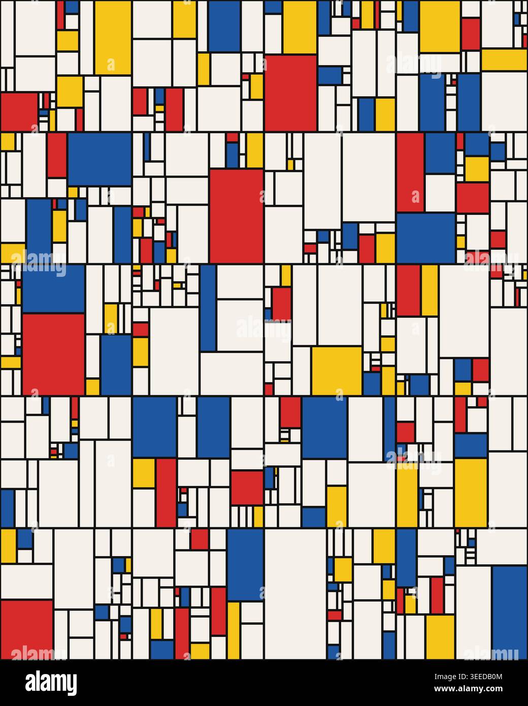 Mondrian Style Geometric Composition with Red, Blue, and Yellow Rectangles Stock Vector