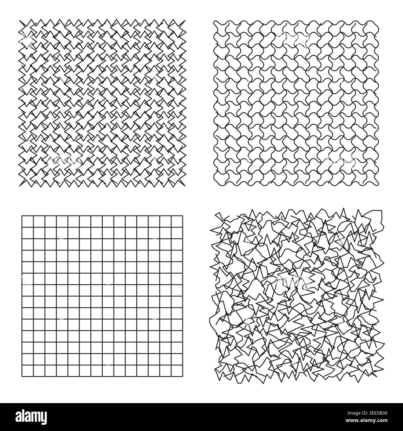 A Vector collection of seamless abstract patterns, featuring geometric grids, interlocking forms, and chaotic line art on a white background. EPS 10. Stock Vector