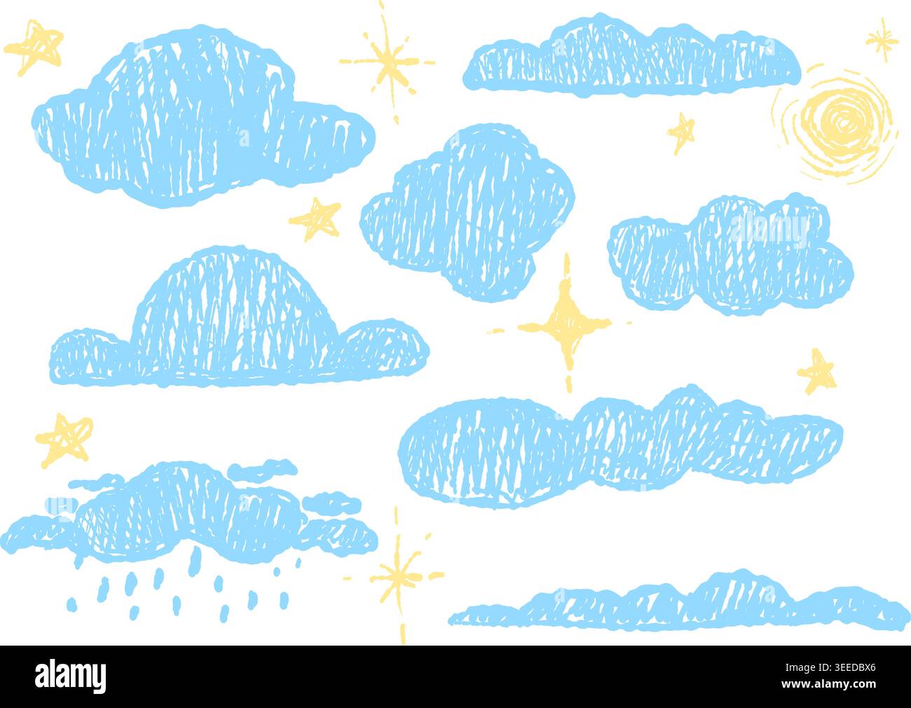 Crayon drawn kids clouds elements with sun and stars scribble texture. Stock Vector