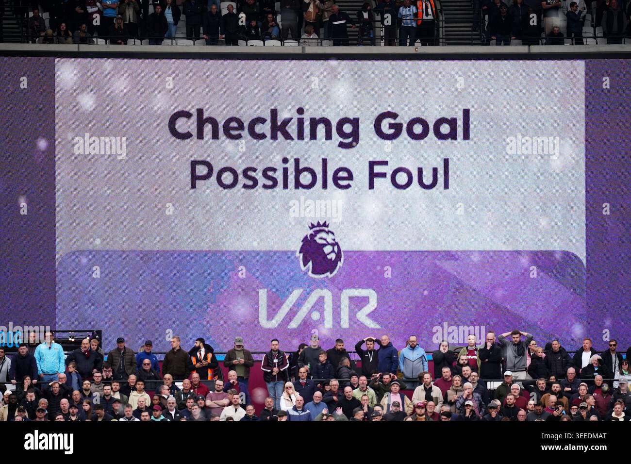 The big screen showing a VAR check for a foul on Arsenal goalkeeper ...