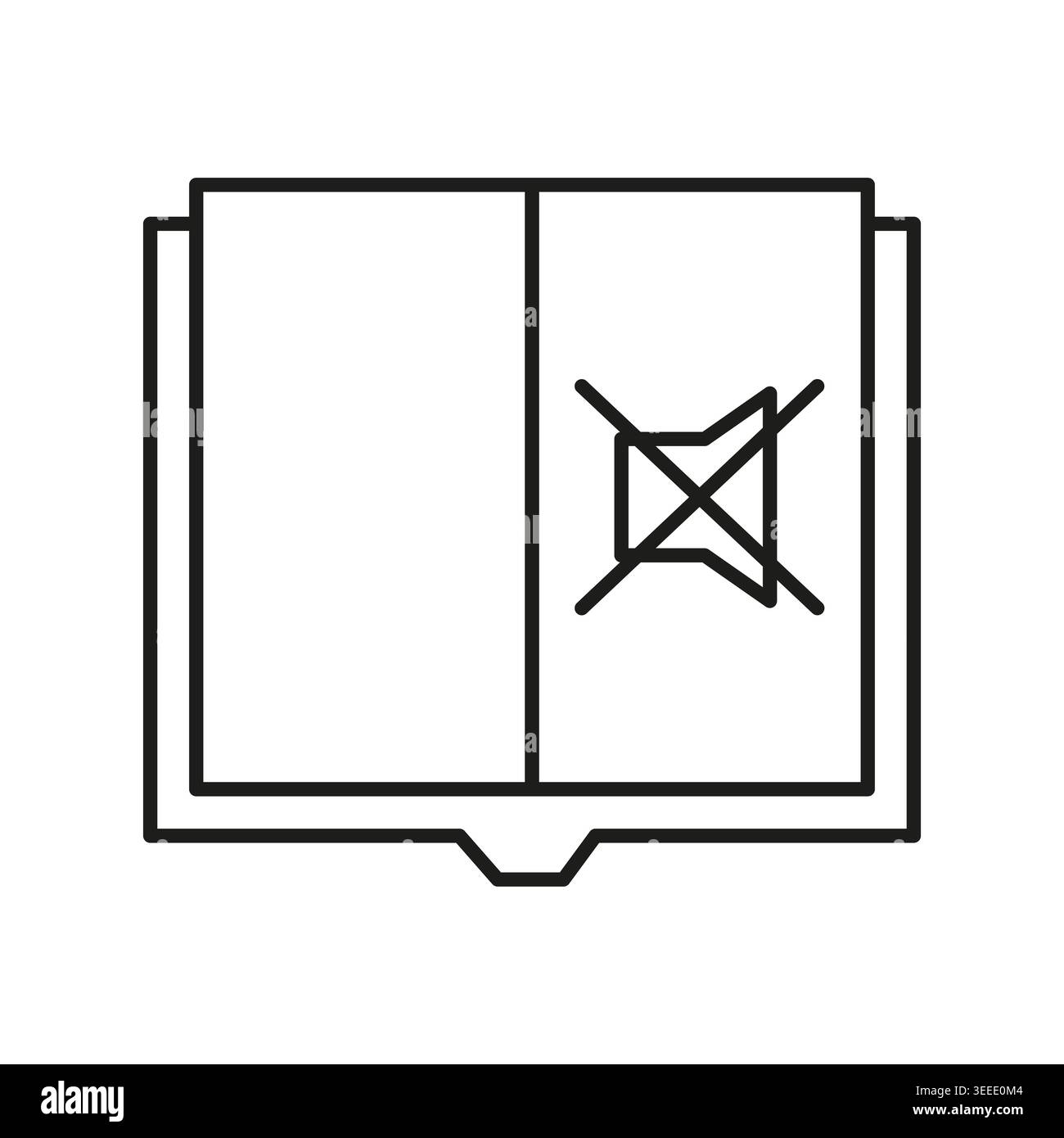 Open book with mute sound icon vector. This graphic works well for quiet zone signage and digital library user interfaces. Stock Vector