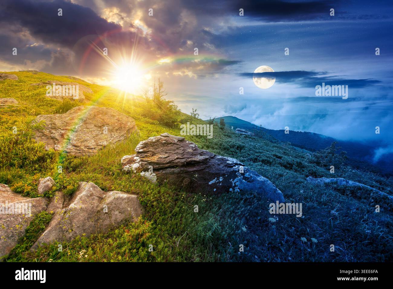 green landscape of mountain on summer solstice. view of rock among grass on the hillside. sun and moon in harmony over travel background and epic sky. Stock Photo