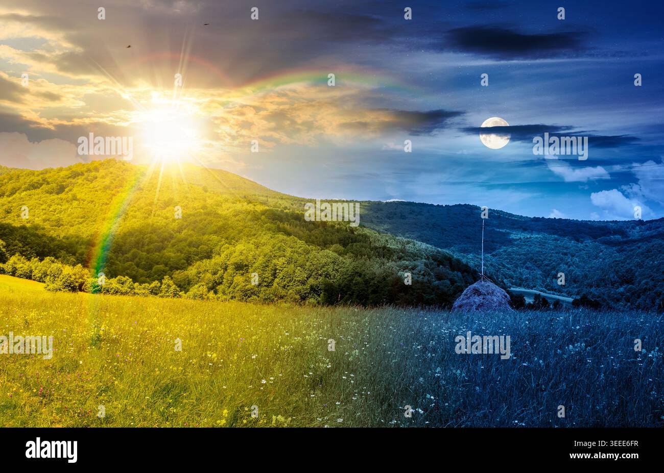 rural fields near mountain in summertime. day meet night. beautiful view of agricultural area. sun and moon in harmony over gorgeous mountain ridge wi Stock Photo