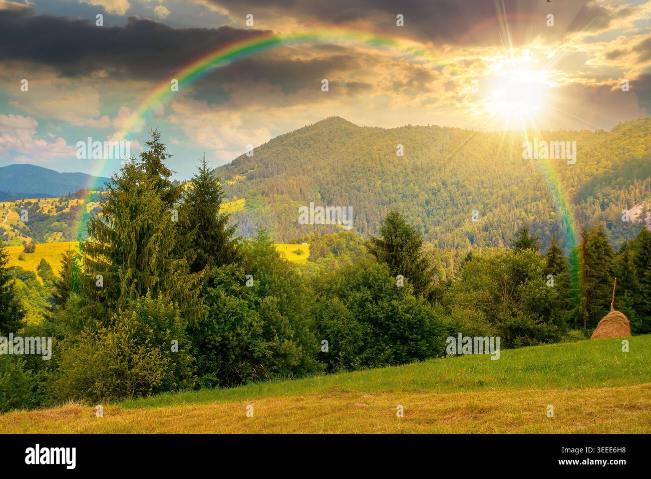 sunset over mountain hay field. alpine countryside summer landscape with green valley behind the woods on the grassy slope. cloudy sky. spectacular hi Stock Photo