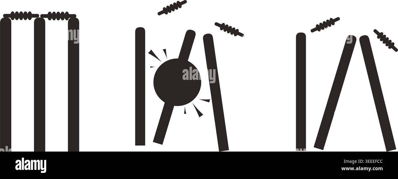 Cricket Wicket Hit Sequence Silhouette Set. Stumps and Bails Destruction Phases. Ball Hitting Target. Isolated Black Vector Illustration on white Stock Vector