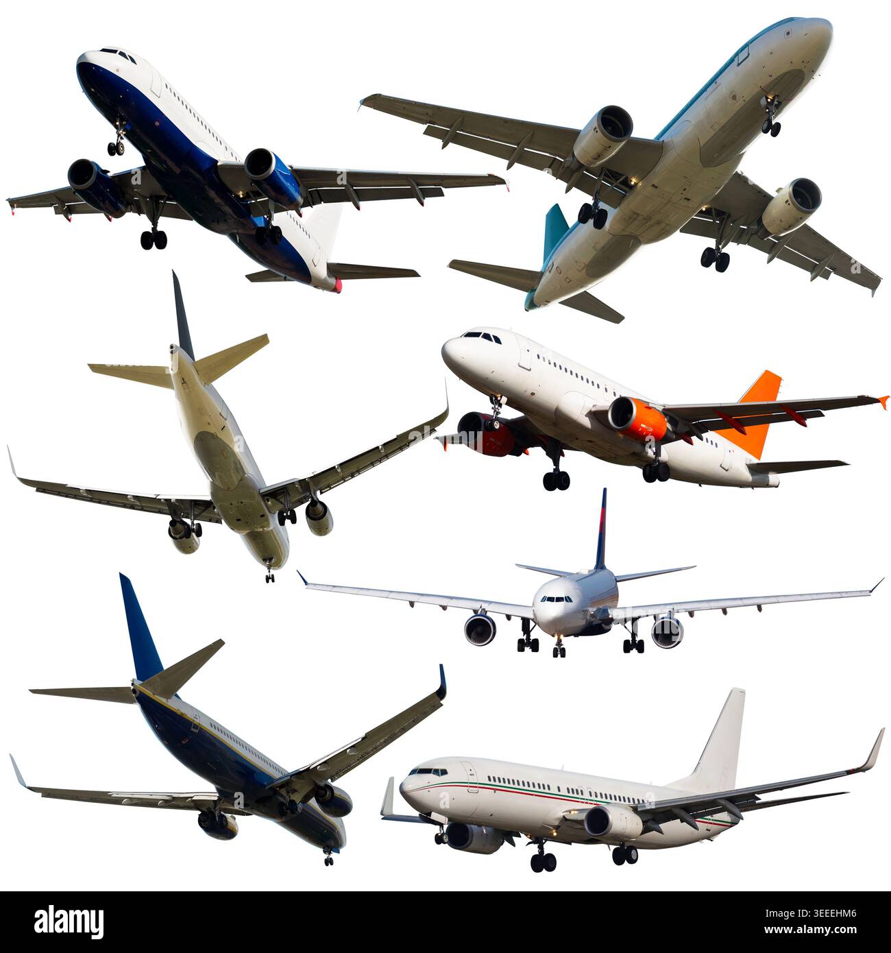 Airplanes flying, collection isolated on white background Stock Photo