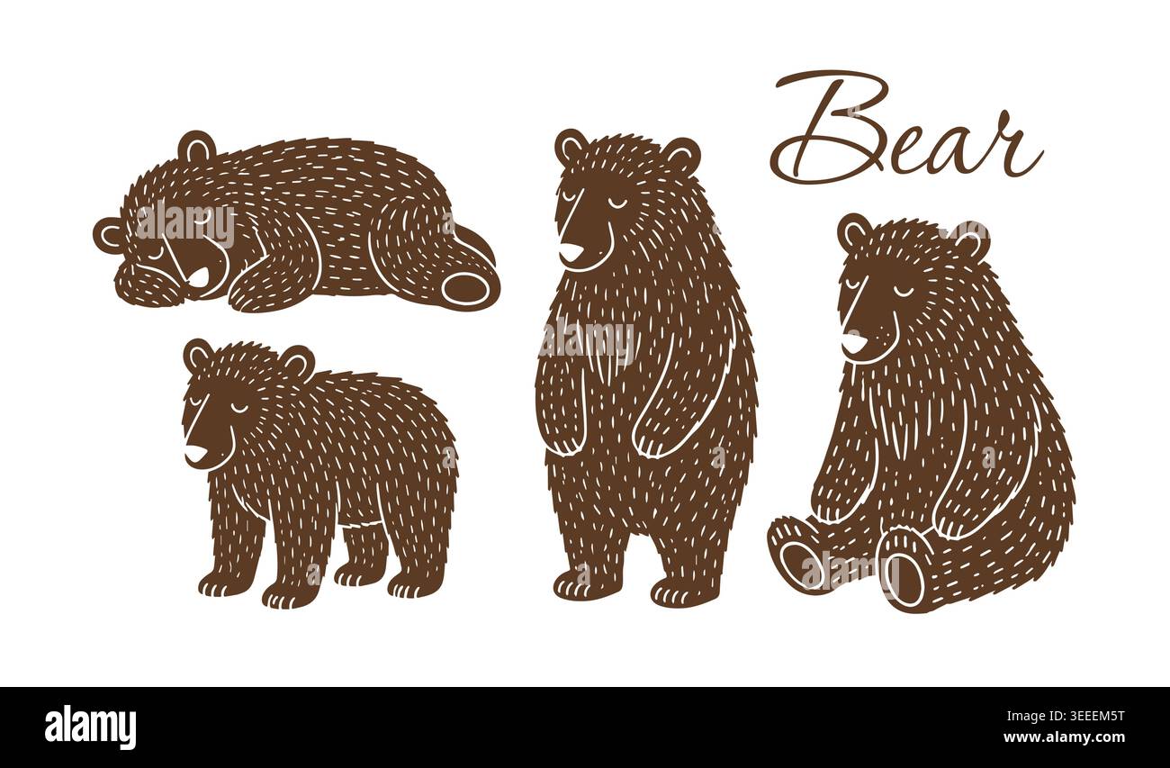 bear in different poses . Hand drawn. Not AI, vector illustration. Stock Vector