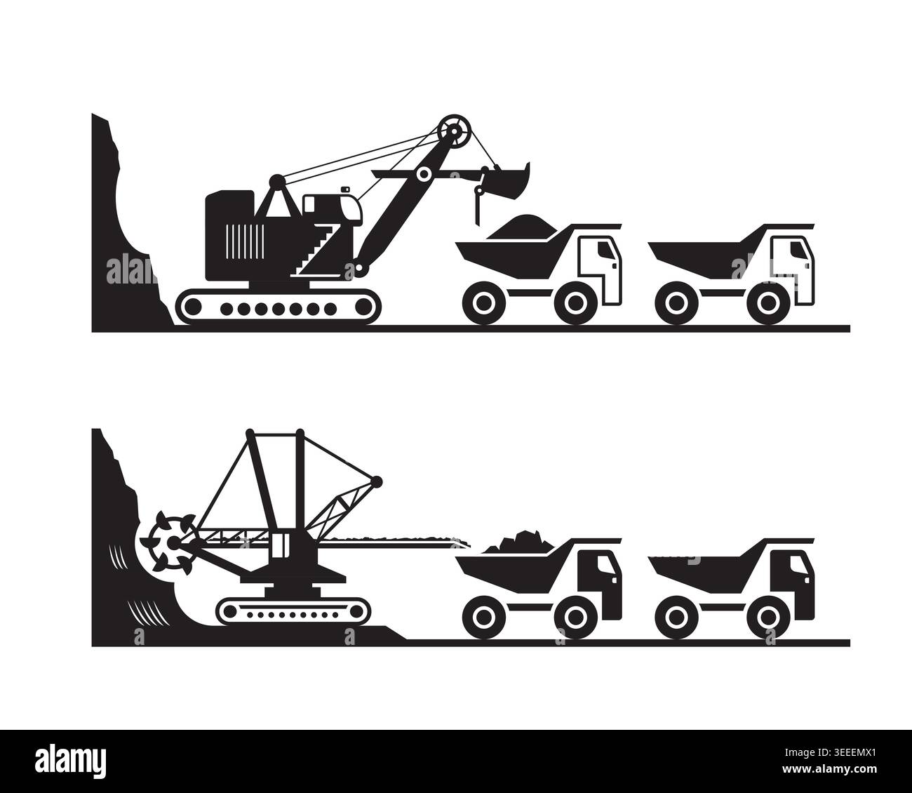 Earth movers loading trucks with ore from open pit - vector illustration Stock Vector