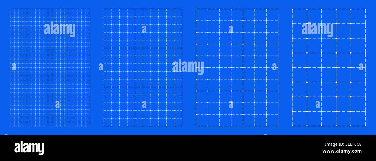 Blueprint grid set rounded dashed geometry, four scale variations. Wide medium dense micro spacing comparison, engineering layouts dashboards notebook pages interface planning systems graphics. Stock Vector