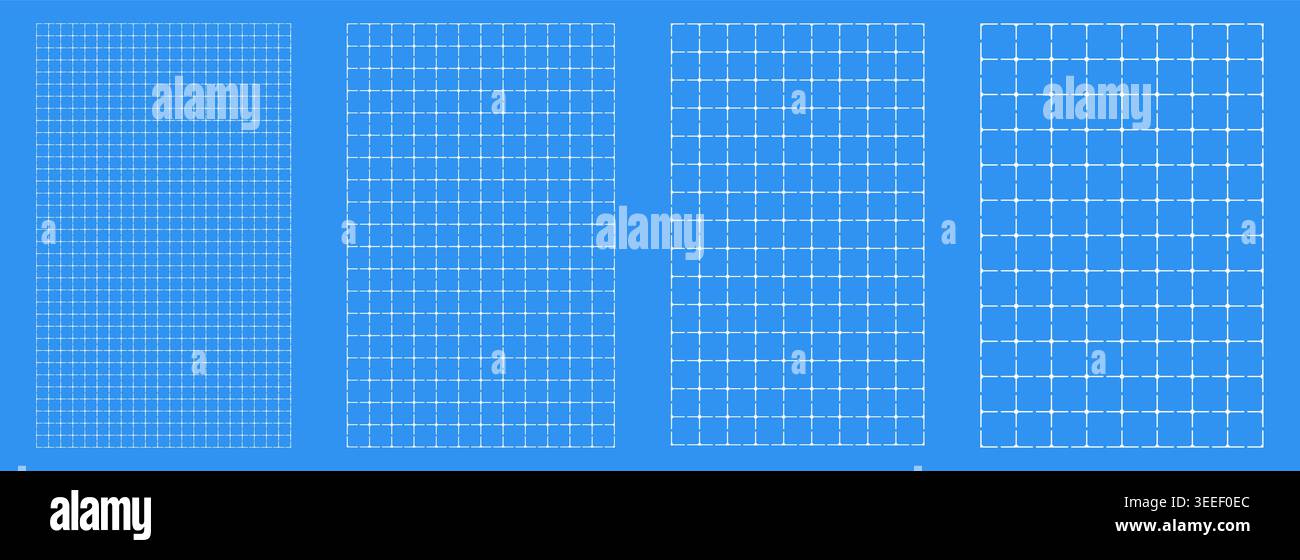 Blueprint grid set circle node geometry, four scale variations. Wide medium dense micro spacing comparison, engineering layouts dashboards notebook pages interface planning systems technology graphics Stock Vector