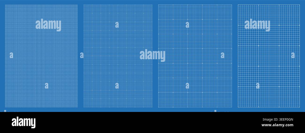 Blueprint grid set micro Star junction geometry, four scale variations. Wide medium dense micro spacing comparison, engineering layouts dashboards notebook pages interface planning systems graphics. Stock Vector