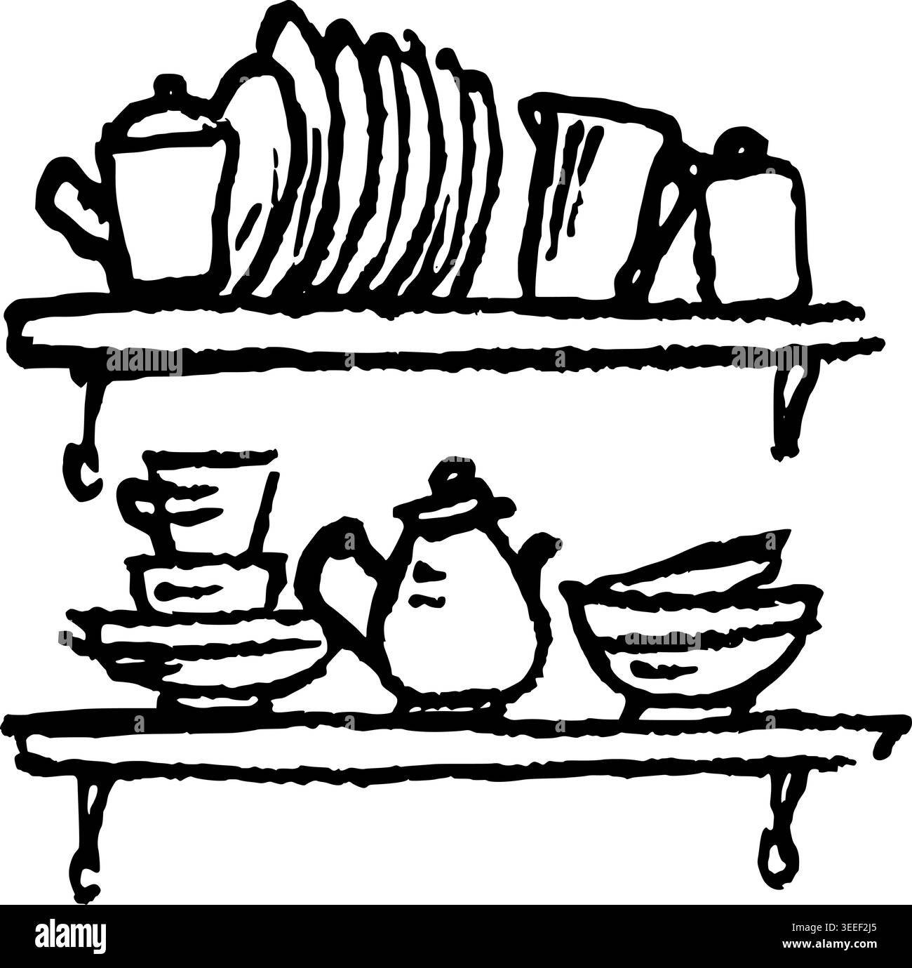 Hand Drawn Kitchen Shelf with Dishes Vector Illustration Stock Vector
