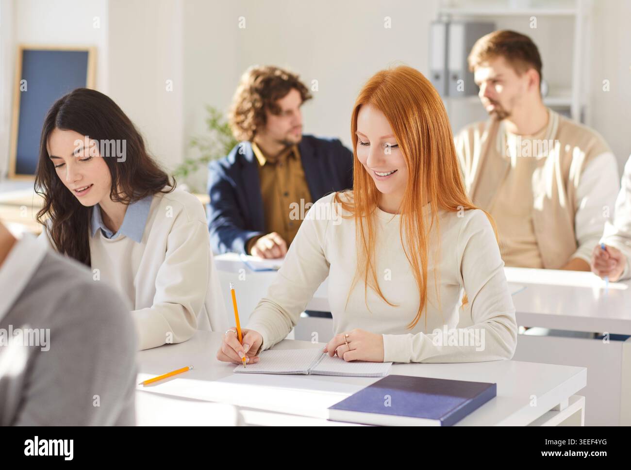 Students in bright classroom taking notes during lesson, group study and learning Stock Photo