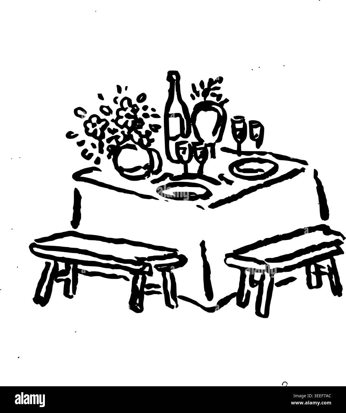 Hand Drawn Dinner Table for Two Vector Line Art Stock Vector