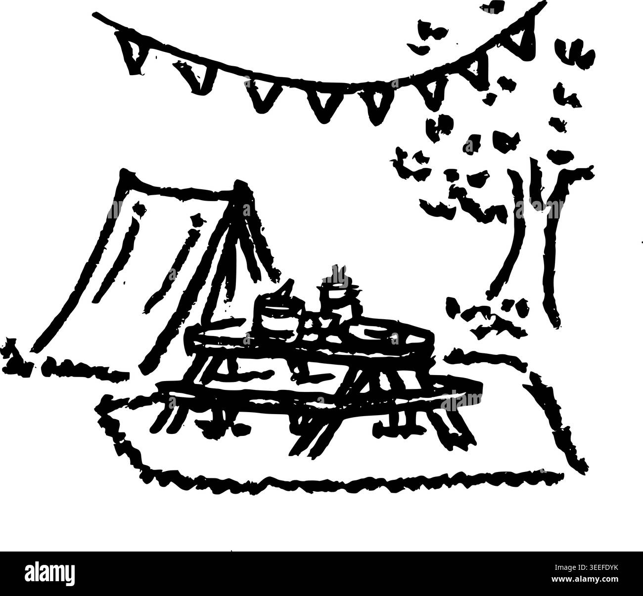 Hand Drawn Picnic Bench Scene Vector Drawing Stock Vector