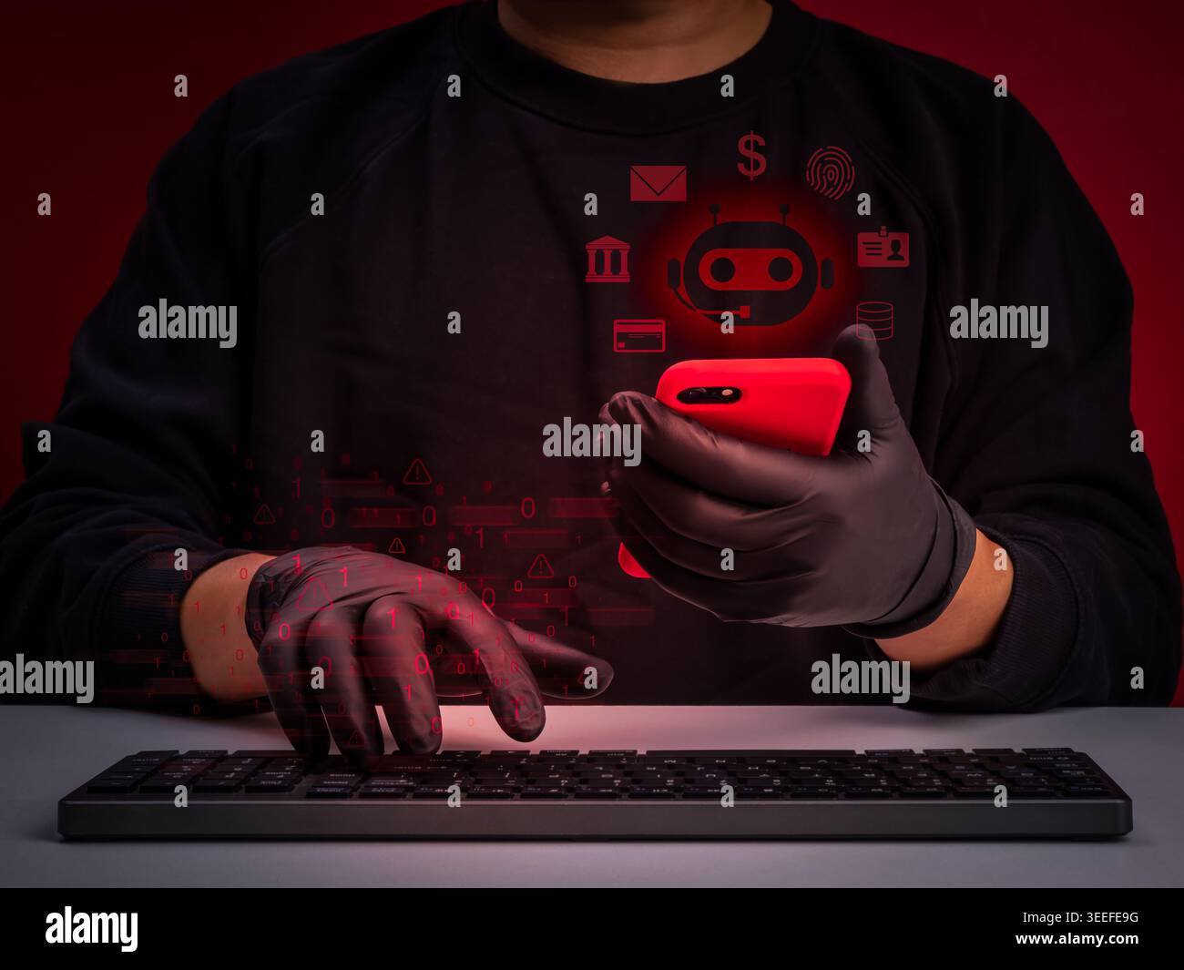 Cybercriminal or scammer using smartphone with AI bot interface and online scam icons. Automated scam, AI driven cyber fraud, bot hacking, identity th Stock Photo