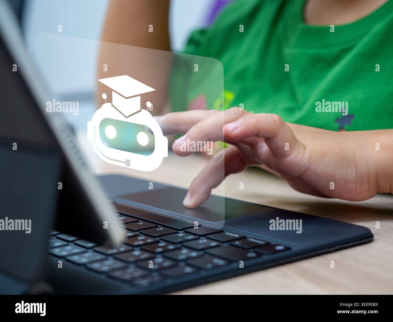 Child using tablet or laptop with AI tutor interface. AI education, smart learning, edtech innovation, interactive knowledge, online education and dig Stock Photo