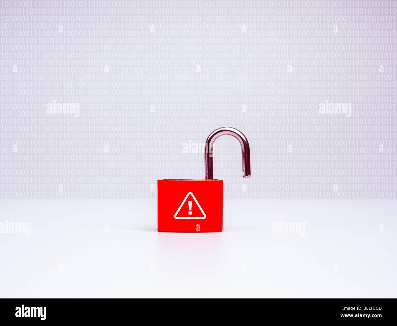 Red open padlock with warning symbol on white background with binary code. Security breach, data vulnerability, cyber risk, system failure and unautho Stock Photo