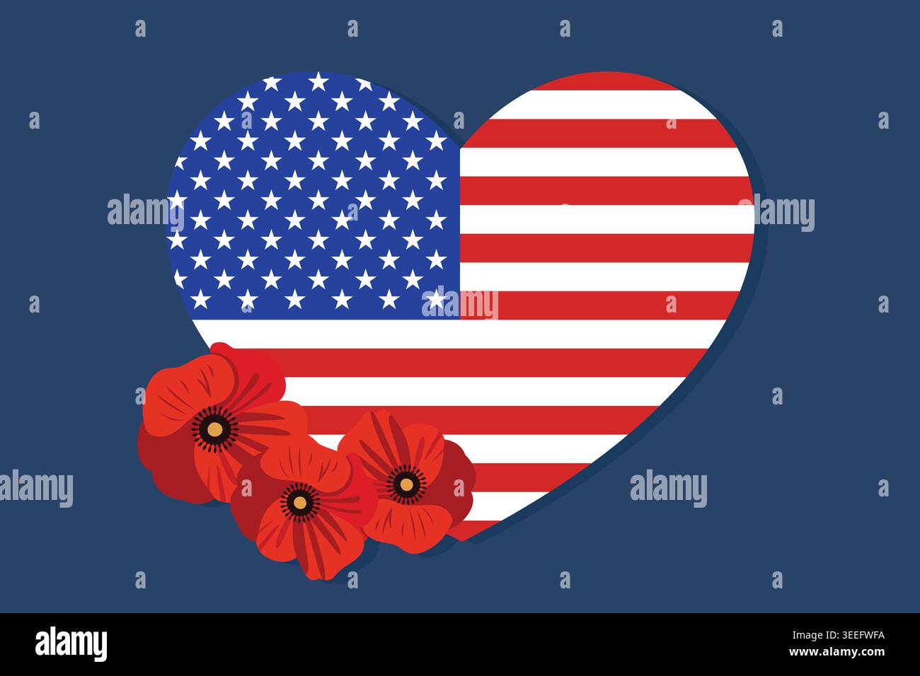 American flag in heart shape with poppy flowers. USA Memorial day ...