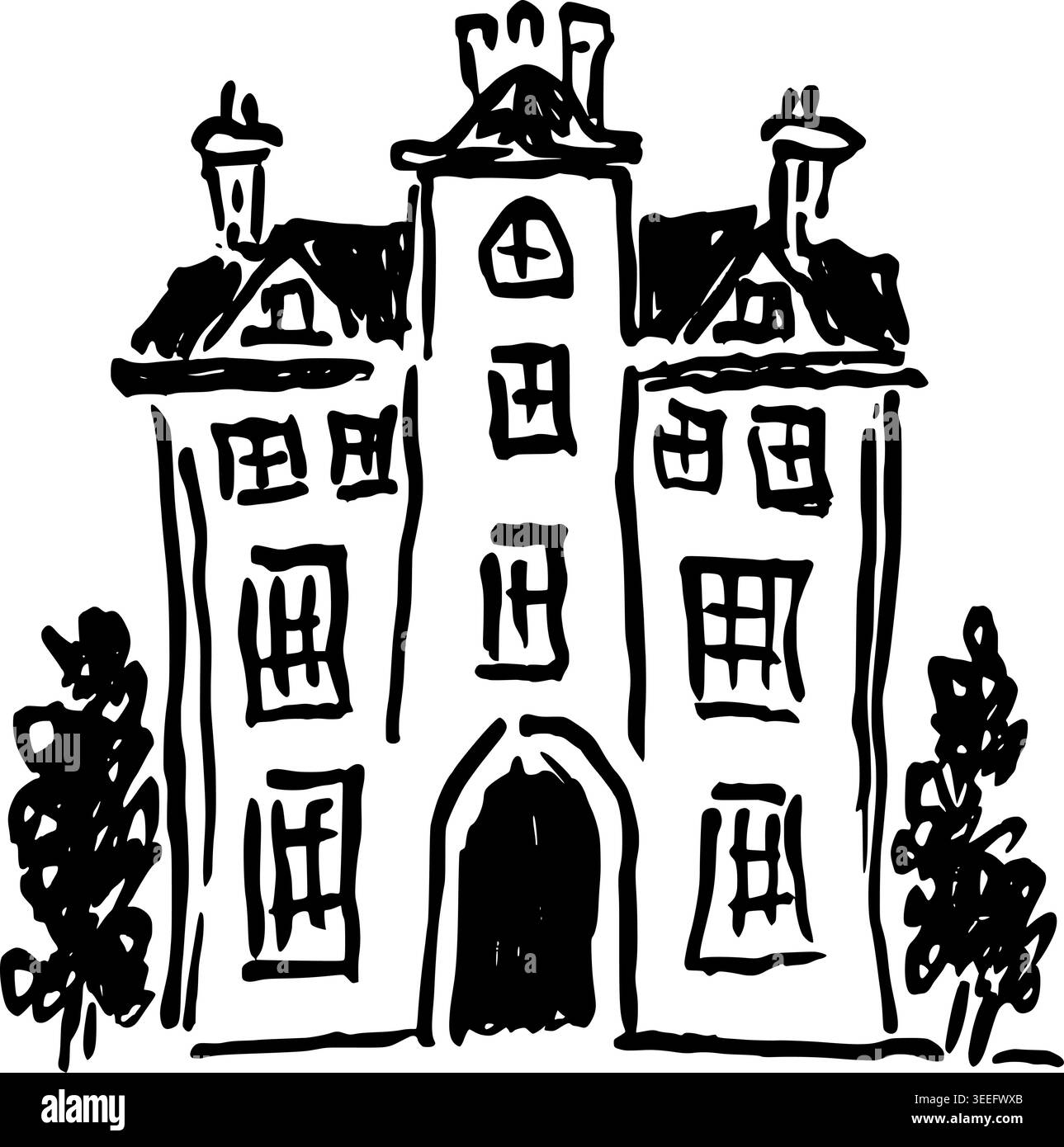 Hand Drawn Wedding Mansion Vector Line Art Stock Vector