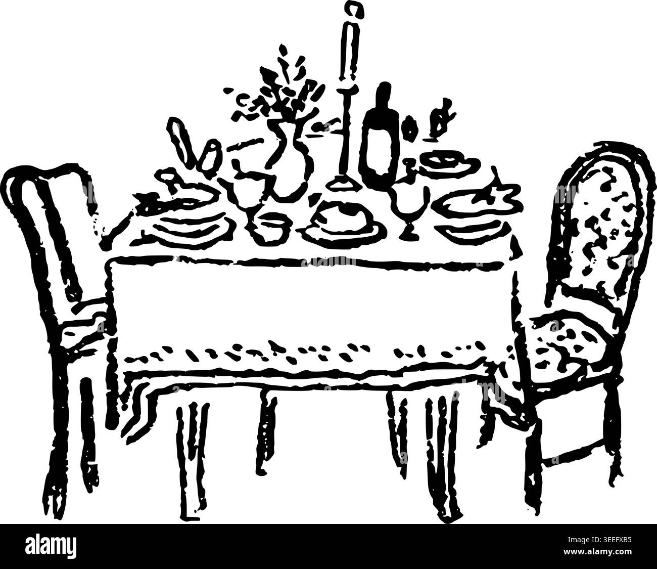 Hand Drawn Christmas Dinner Table Vector Line Art Stock Vector