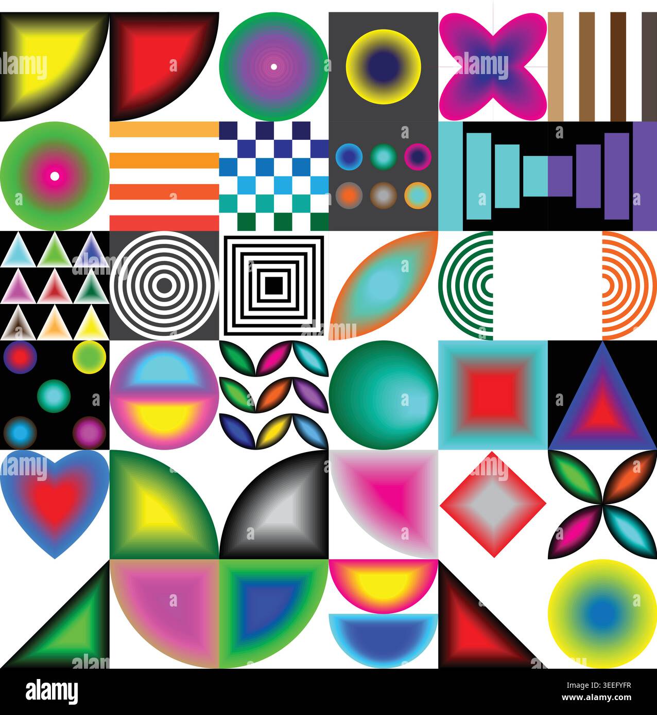 Vibrant geometric shapes and patterns on white background Stock Vector