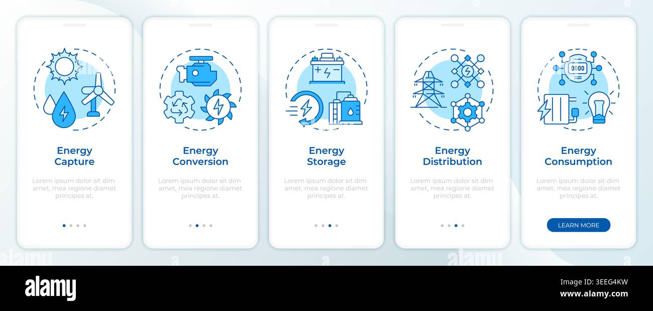 Renewable energy system blue onboarding mobile app screen Stock Vector