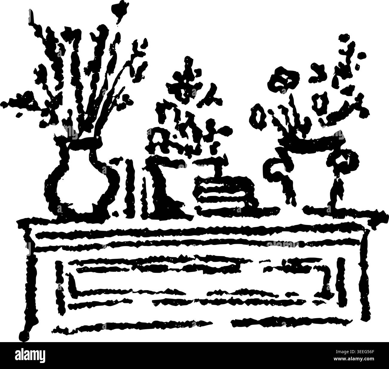 Hand Drawn Console Table with Plants Vector Drawing Stock Vector