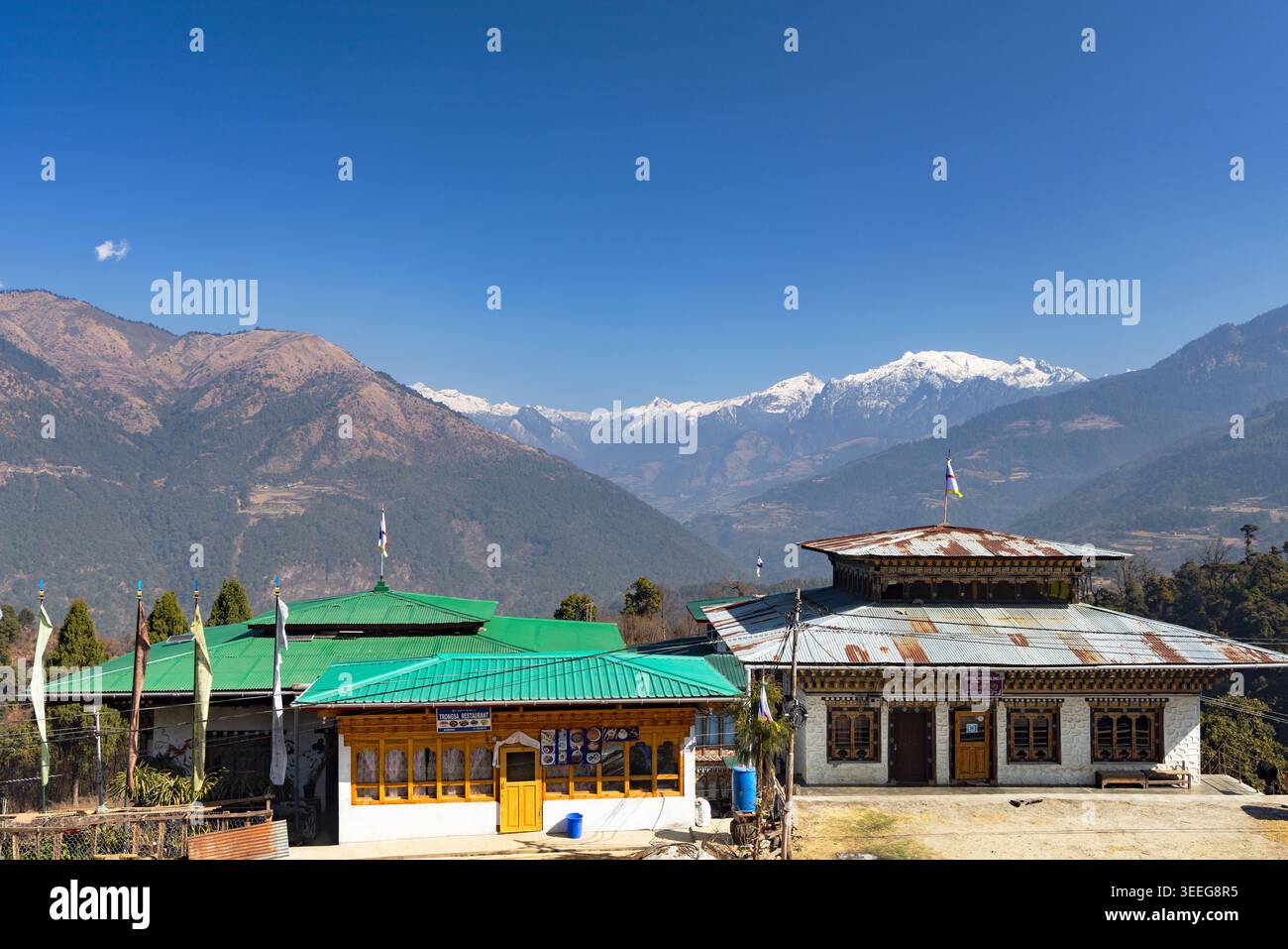 View of Himalayan mountains from Nobding, Bhutan Stock Photo