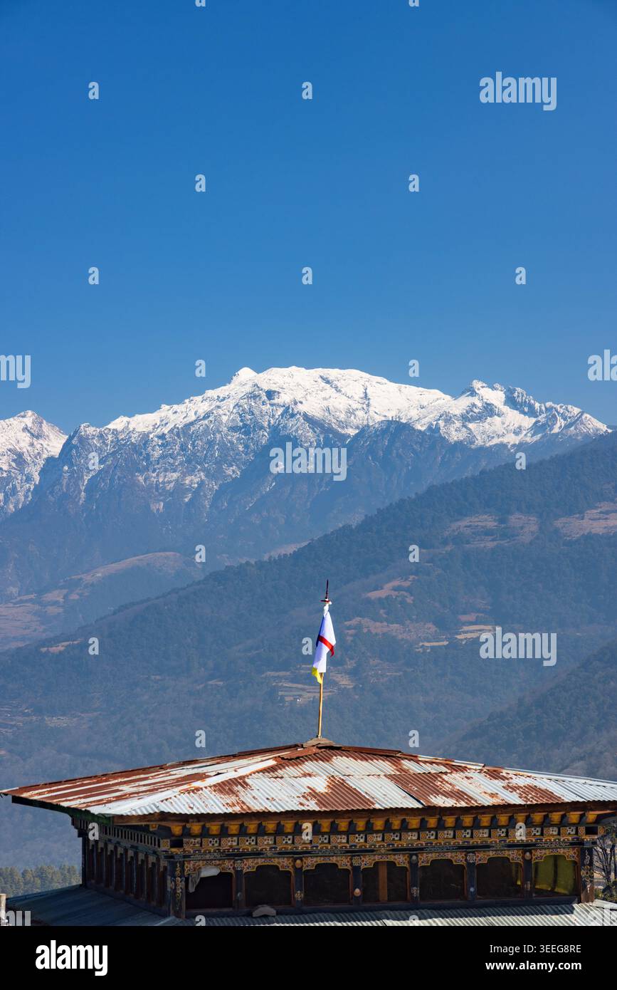 View of Himalayan mountains from Nobding, Bhutan Stock Photo