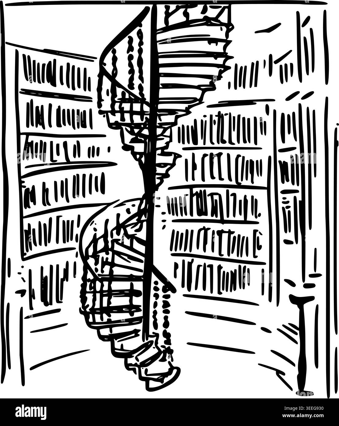 Hand Drawn Library with Spiral Staircase Vector Drawing Stock Vector