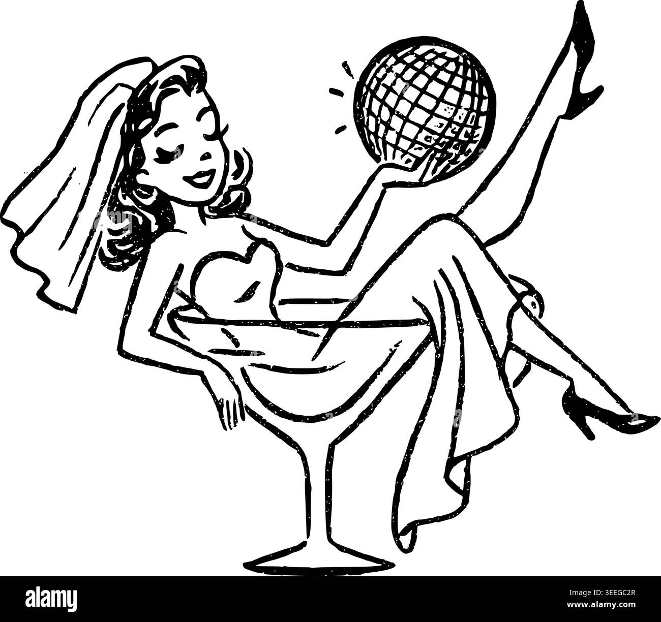 Hand Drawn Bride with Disco Ball in Martini Vector Drawing Stock Vector