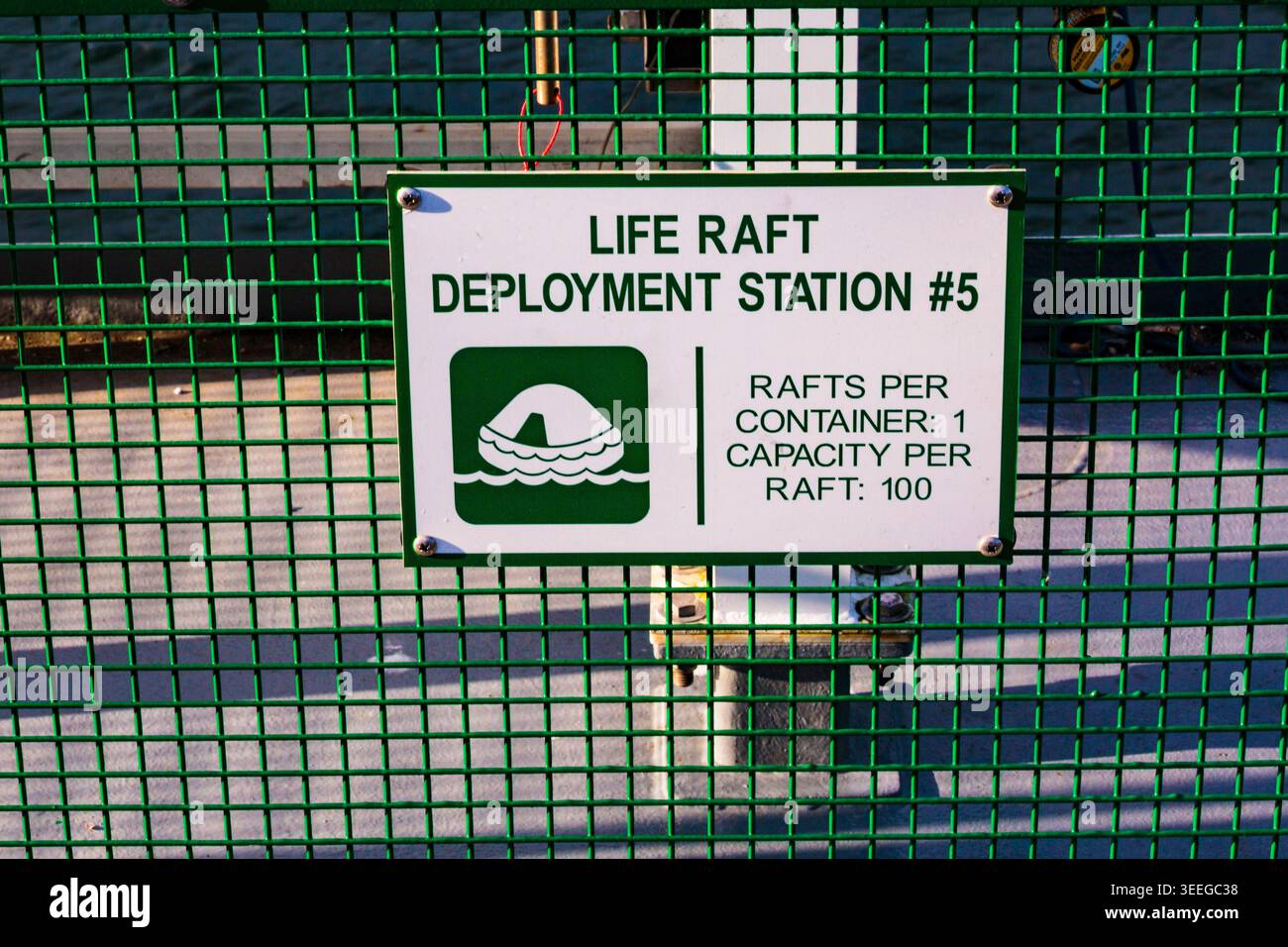 Life raft deployment station sign on a ferry in Seattle, an information ...