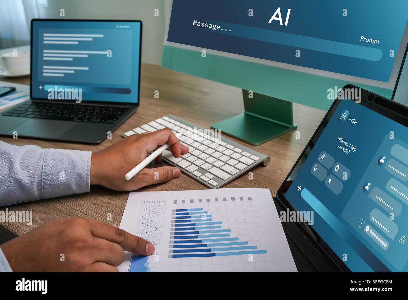 Hand using keyboard and tablet displaying AI interface with data chart document on desk, representing AI data analysis workflow, machine learning proc Stock Photo